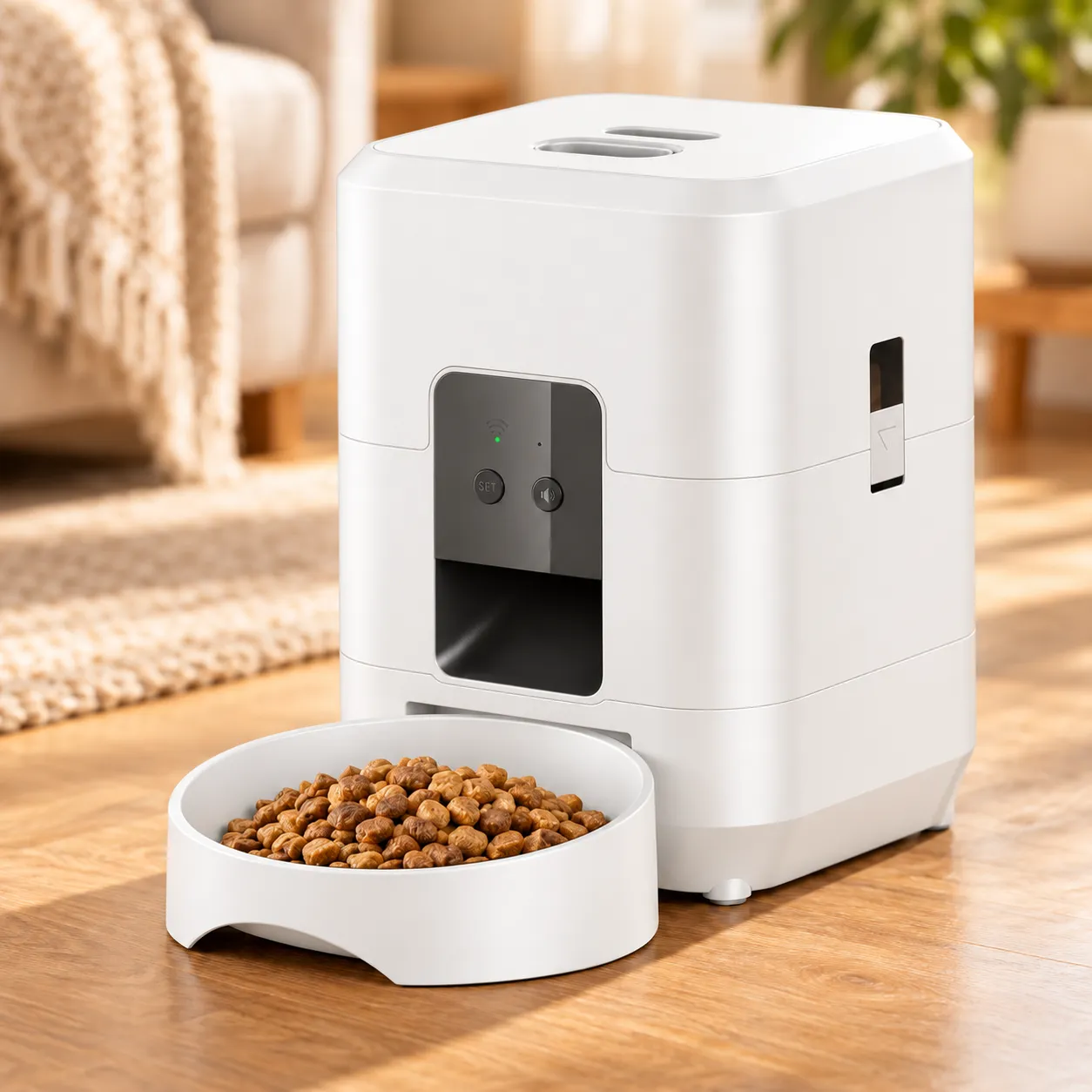 White Wi-Fi feeder and matching food bowl