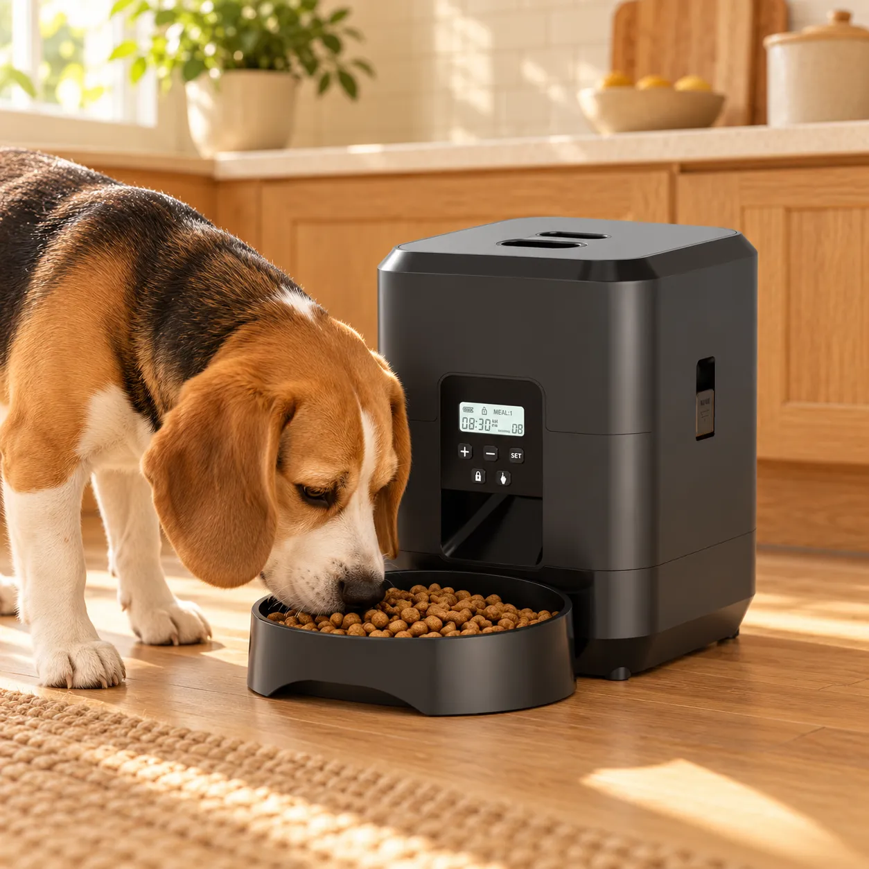 Beagle eating from the black screen feeder