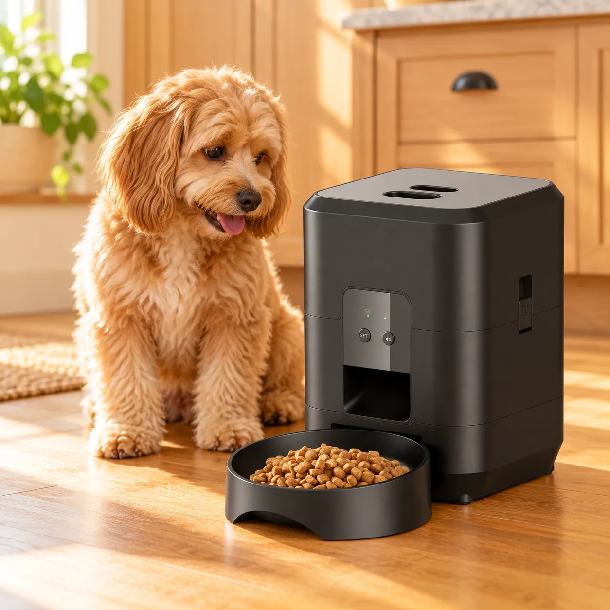 Small dog beside the black Wi-Fi feeder