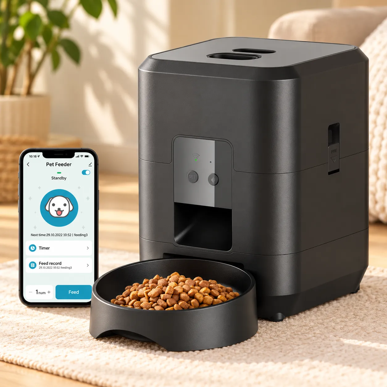 Black Wi-Fi feeder beside a phone showing the feeding app